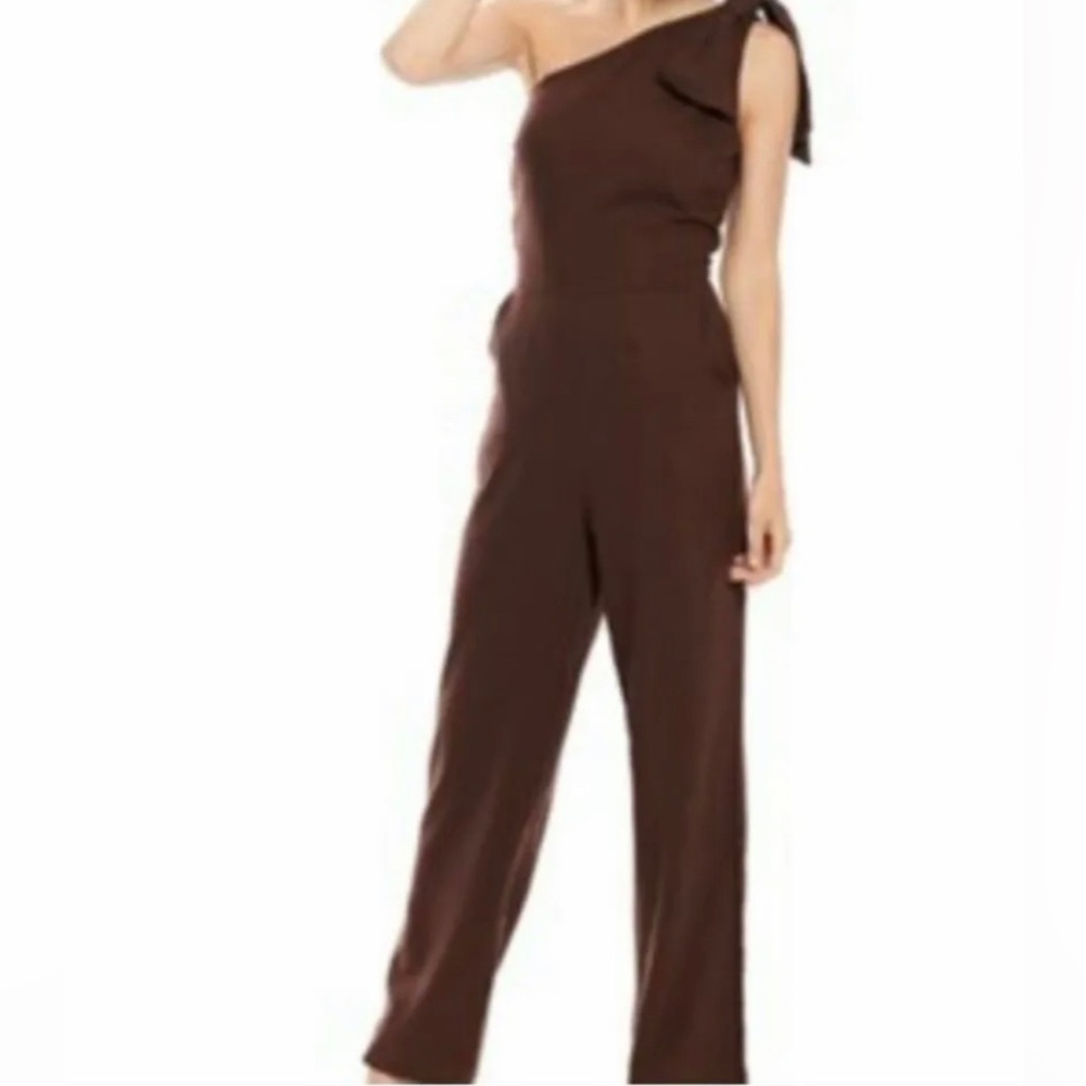 Happy x Nature Kate Hudson Brown Linen Viscose Jumpsuit One Shoulder Sz 12